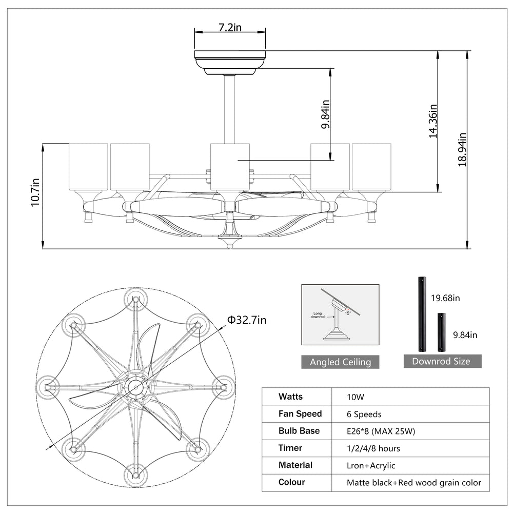 Sleek Matte Black Chandelier Fan with Remote Control