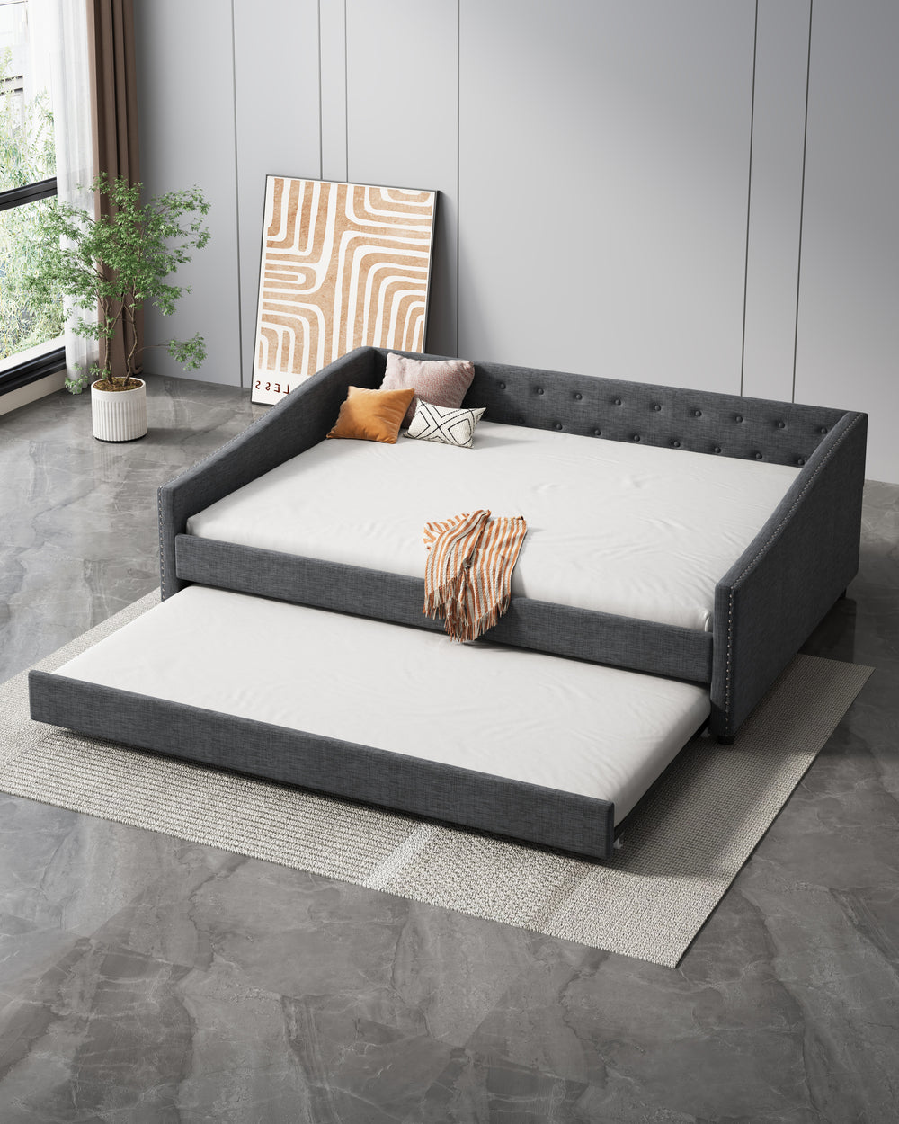 Stylish Tufted Daybed with Trundle – Dark Grey Elegance