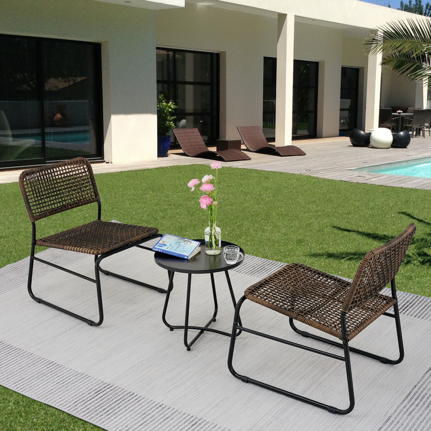 Chic Rattan Patio Set with Modern Round Table