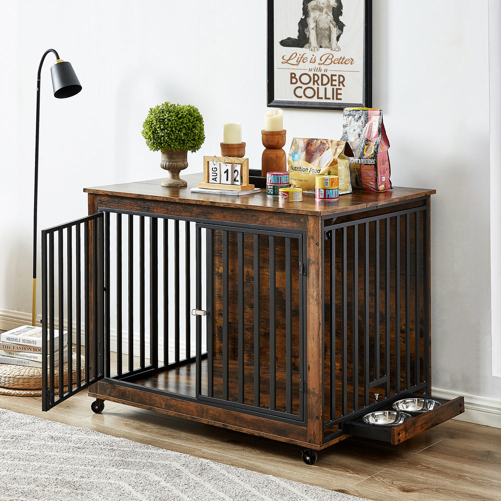 Rustic Dog Crate Side Table with Feeding Bowl and Wheels