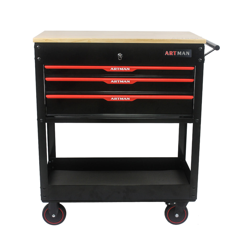 Rolling Tool Cart with Wooden Top and Storage Drawers