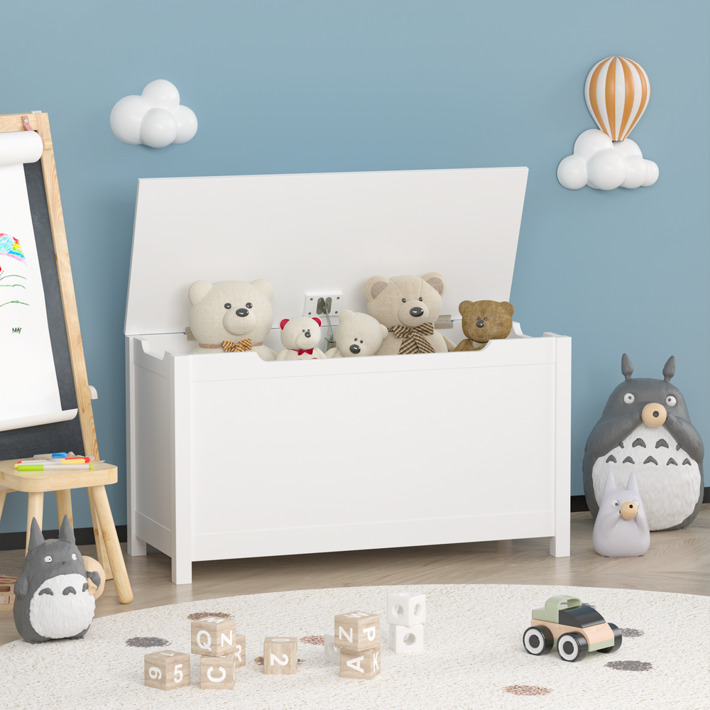 Whimsical White Wooden Toy Box with Safety Lid