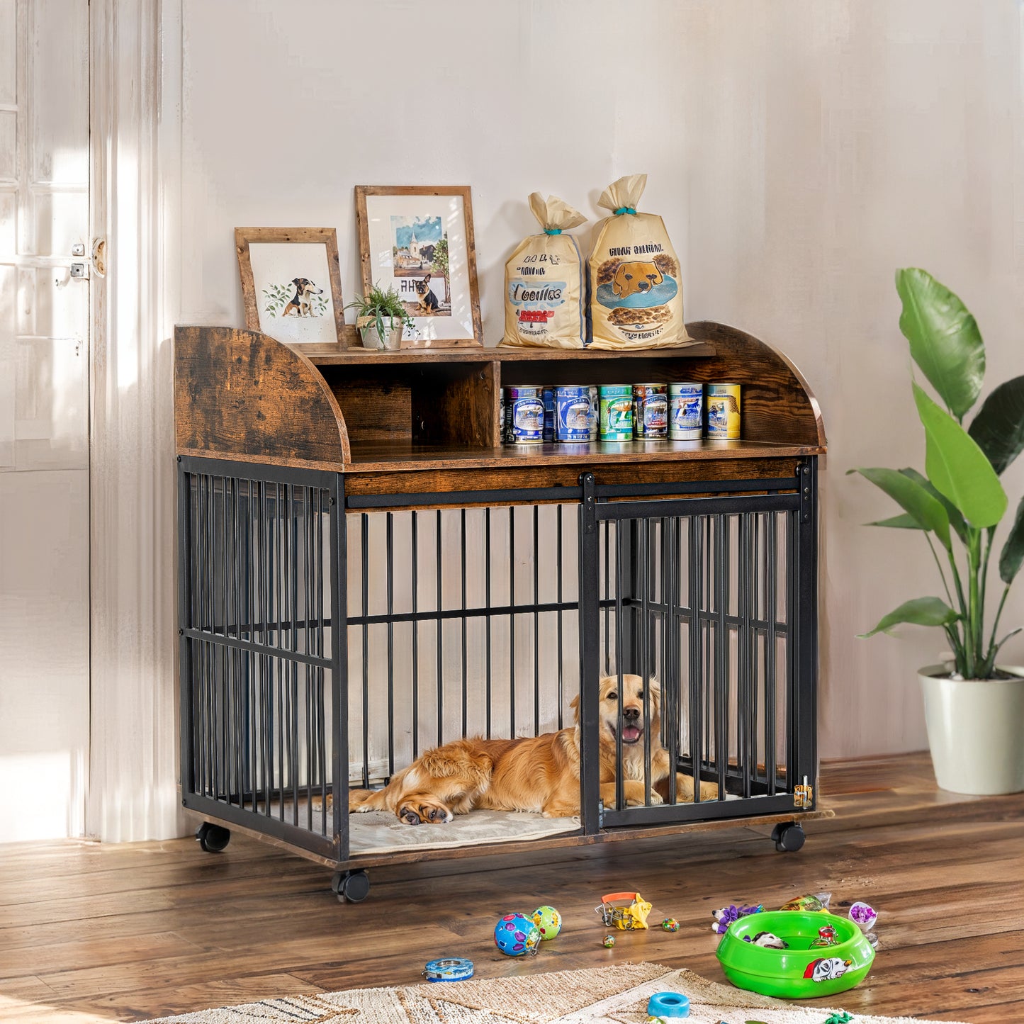 Stylish Heavy-Duty Dog Crate with Wheels and Storage