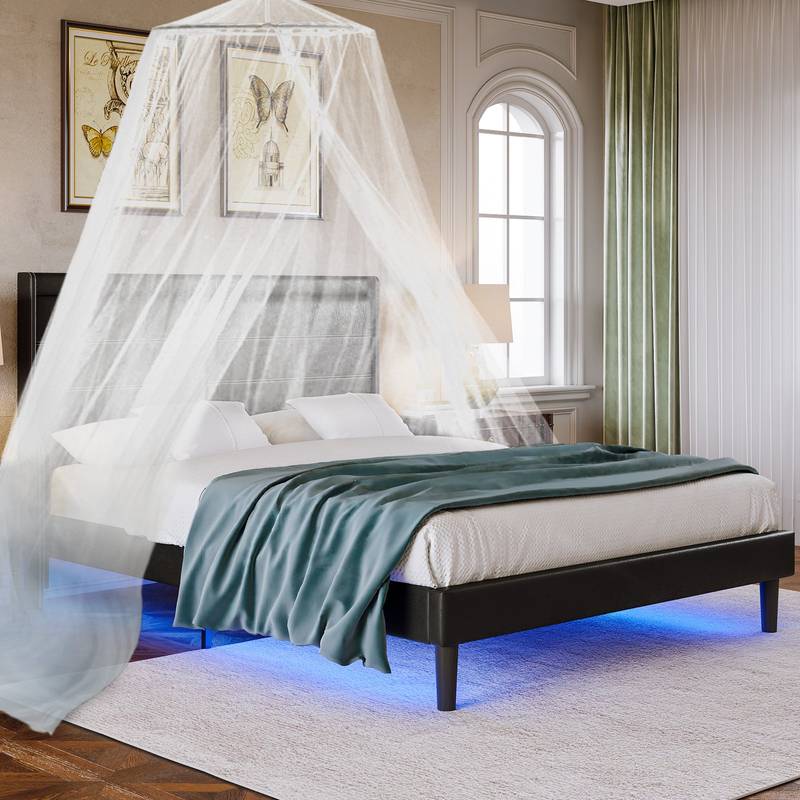 Luxurious Black Queen Bed with LED Lights and Wing-Back Headboard