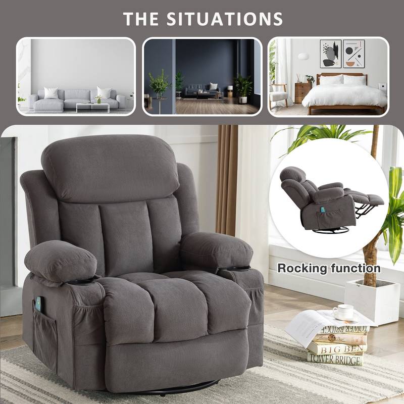 Cozy Heated Massage Recliner with USB and Cup Holders - Grey