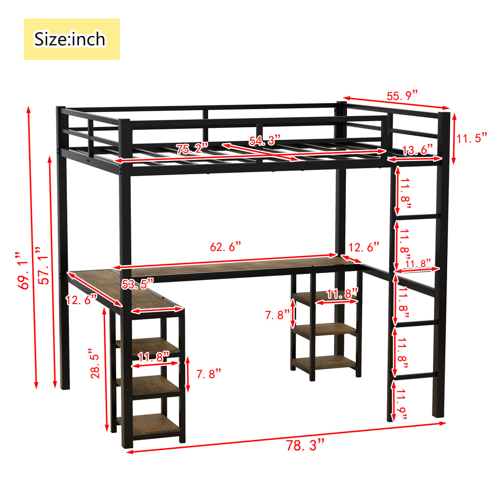 Vintage-Style Loft Bed with Desk & Storage