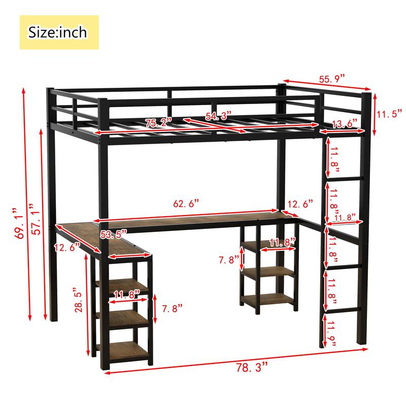 Vintage-Style Loft Bed with Desk & Storage