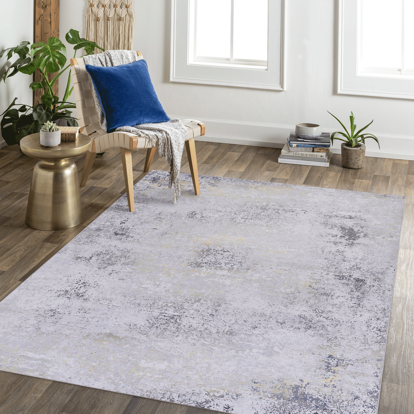 Versatile Washable Area Rug - Kid & Pet Friendly, Non-Slip Comfort - Gray & Gold