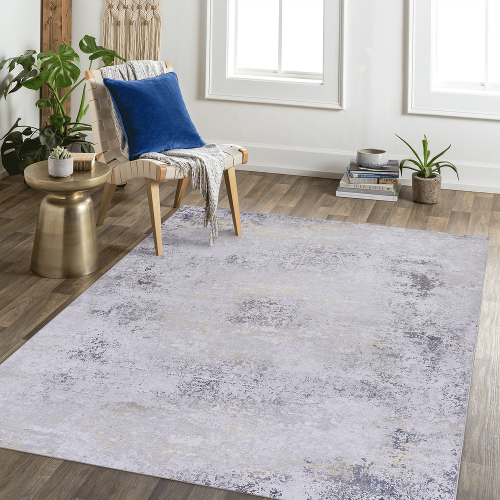 Versatile Washable Area Rug - Kid & Pet Friendly, Non-Slip Comfort - Gray & Gold