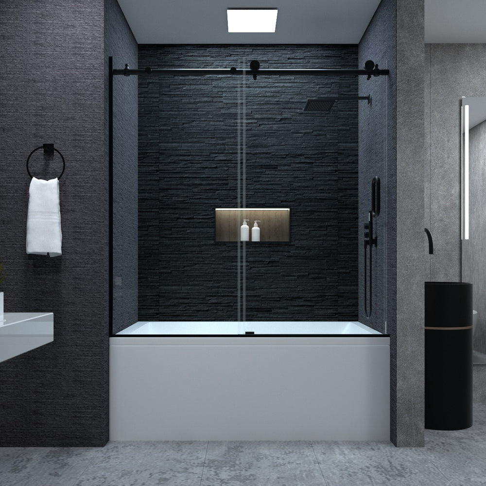 Sleek Matte Black Frameless Sliding Tub Door