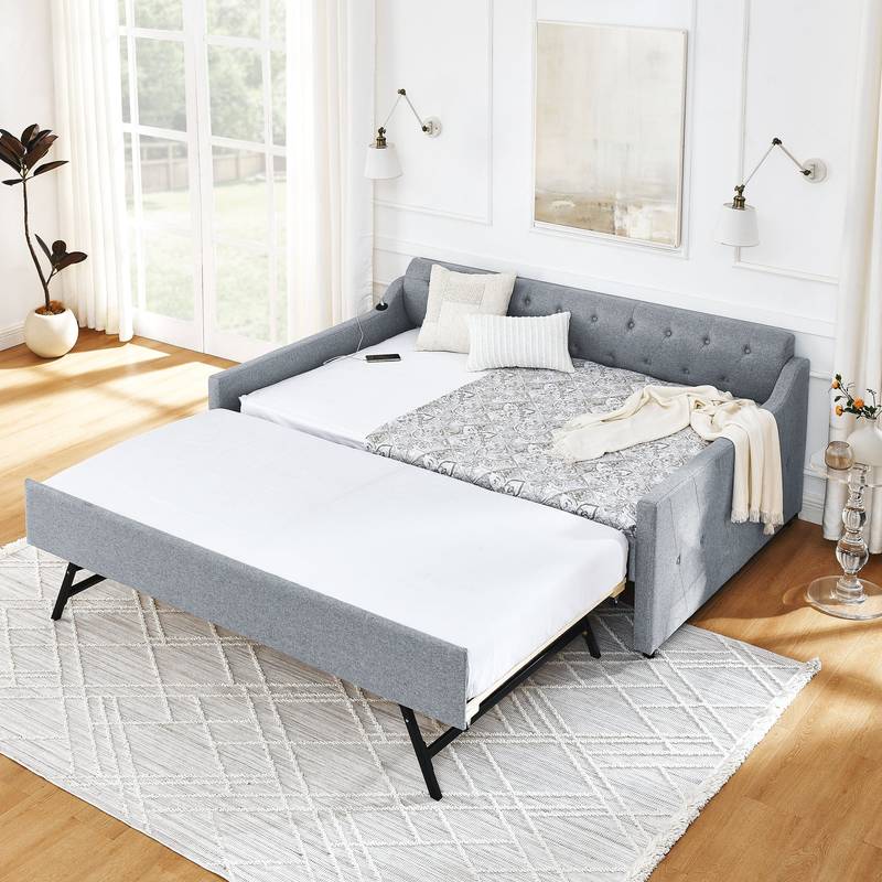 Linen Grey Daybed with Trundle and USB Charging