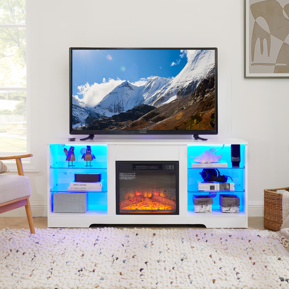 Modern Electric Fireplace TV Stand with LED Lights and USB Charging