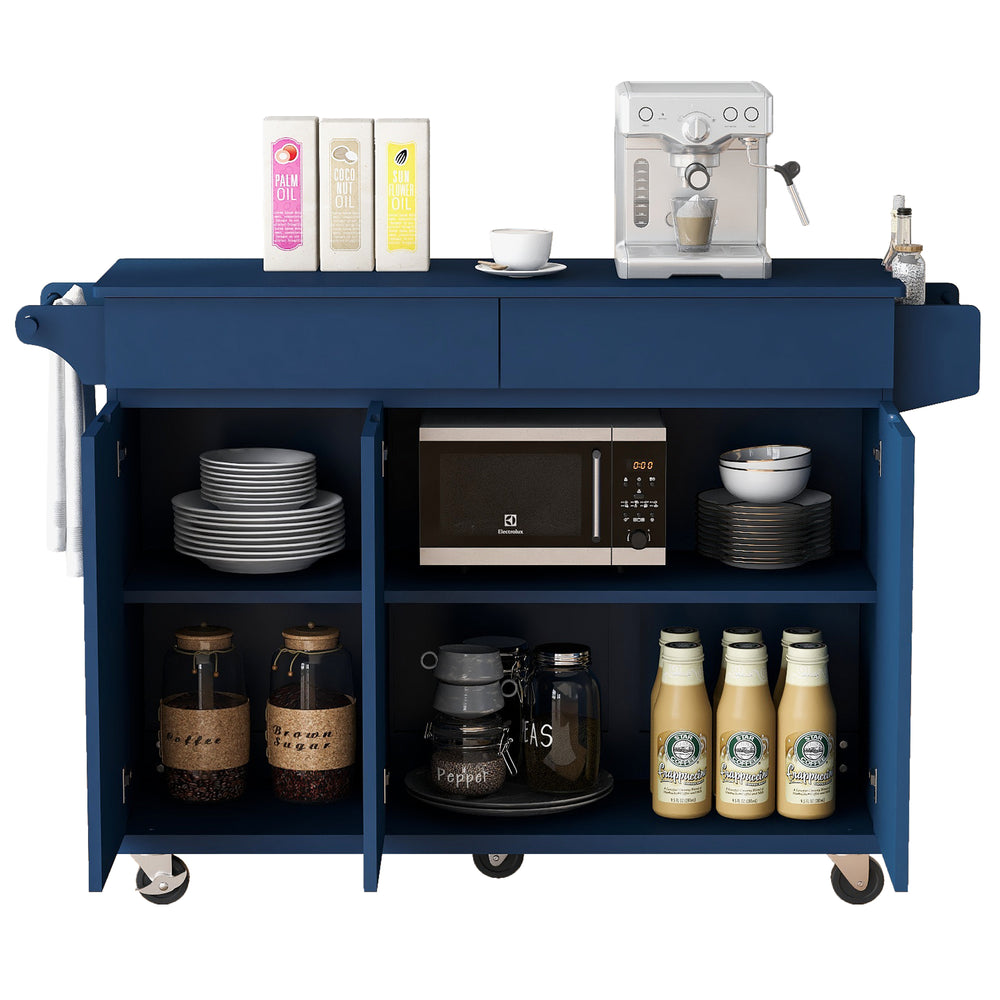 Navy Blue Rolling Kitchen Island with Drop Leaf & Storage