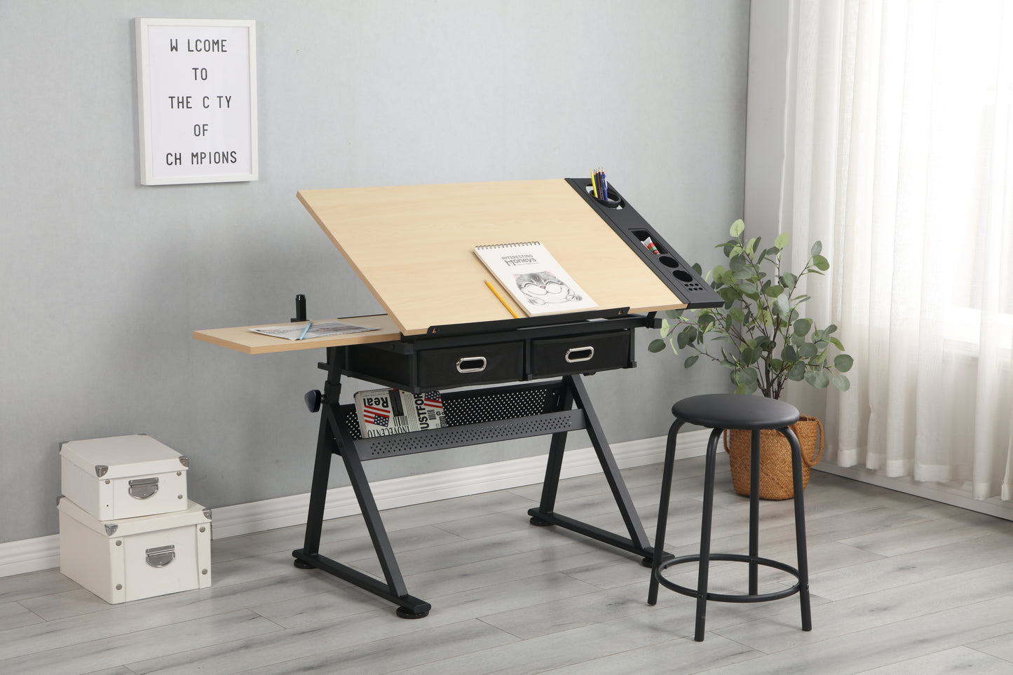 Versatile Drawing Desk with Storage and Stool