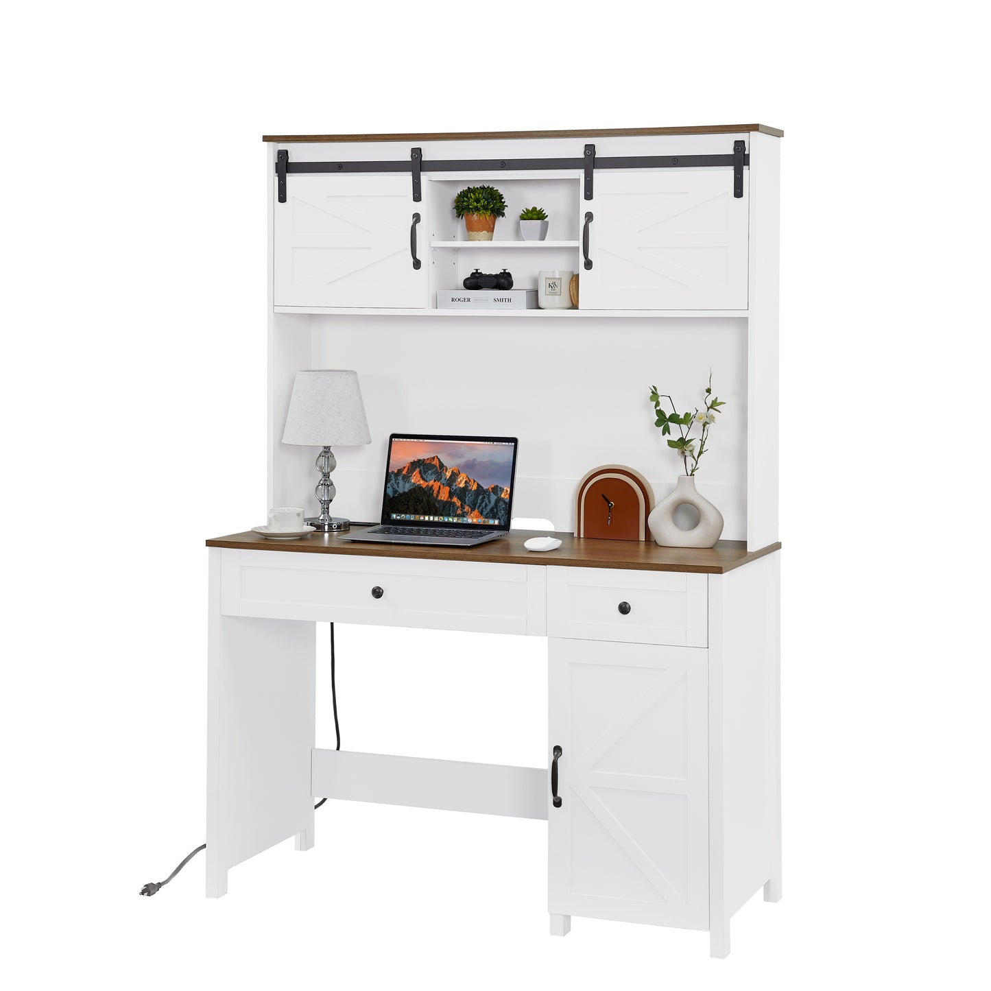 Rustic Farmhouse Executive Desk with Charging Station