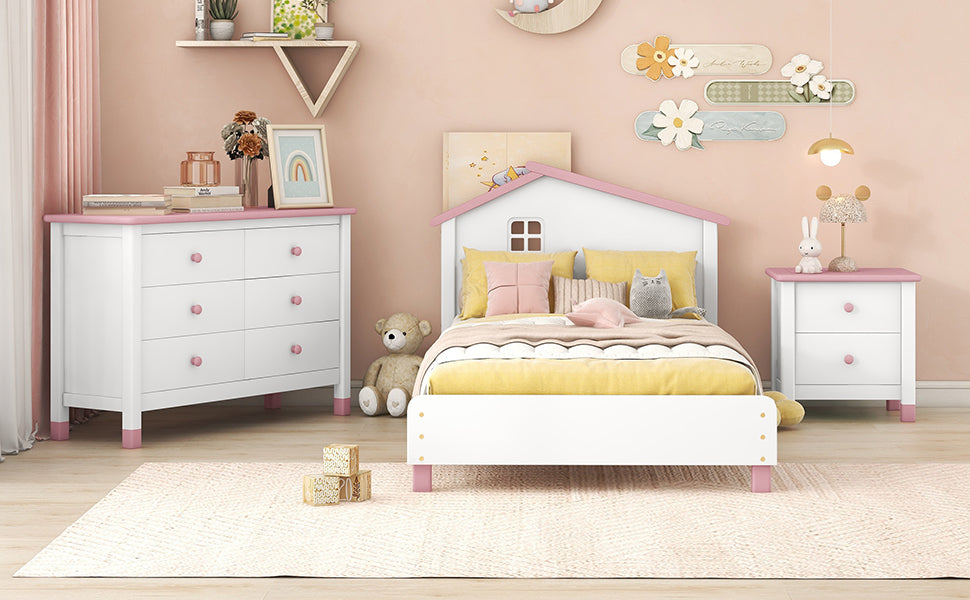 Chic Twin Bedroom Set with Nightstand and Storage Dresser in White and Pink