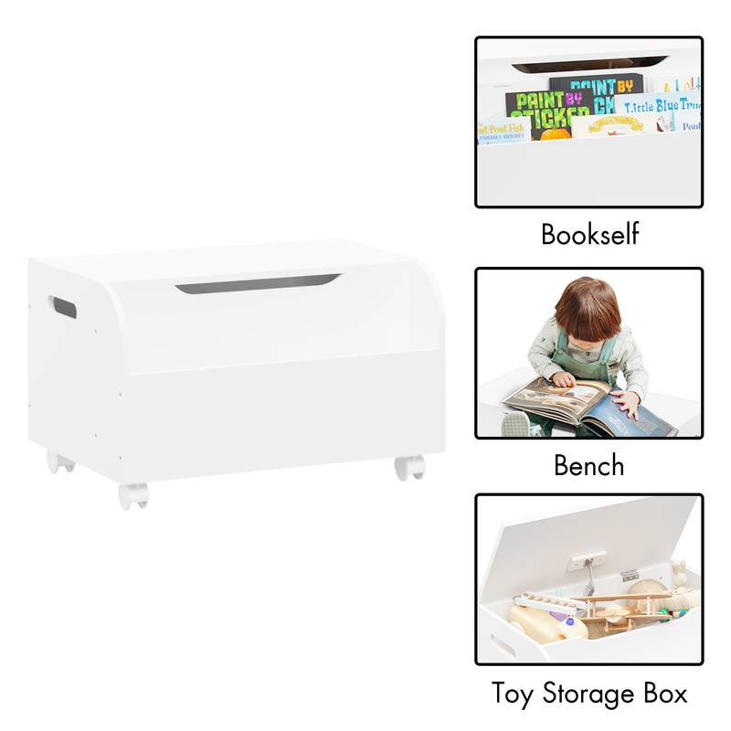 Whimsical Wooden Toy Chest with Wheels & Bookshelf