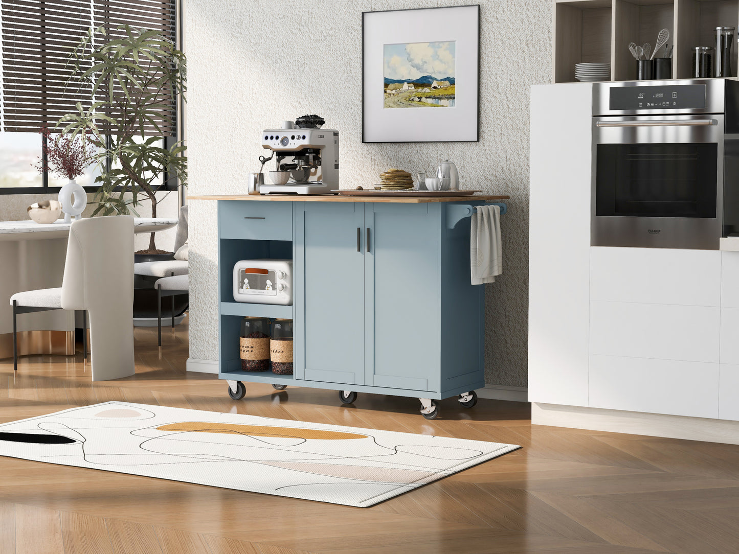 Rolling Kitchen Island with Foldable Top and Storage