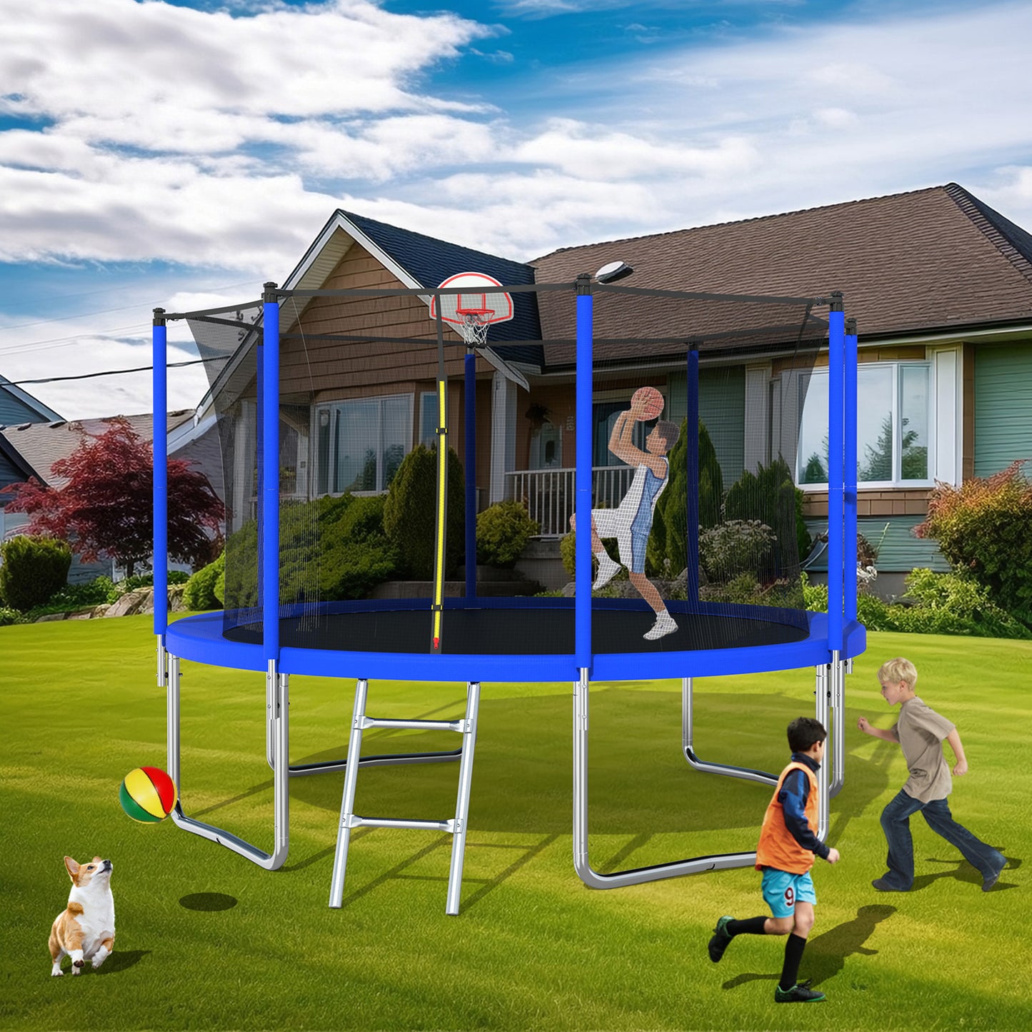 FunJump Trampoline with Basketball Hoop and Safety Net