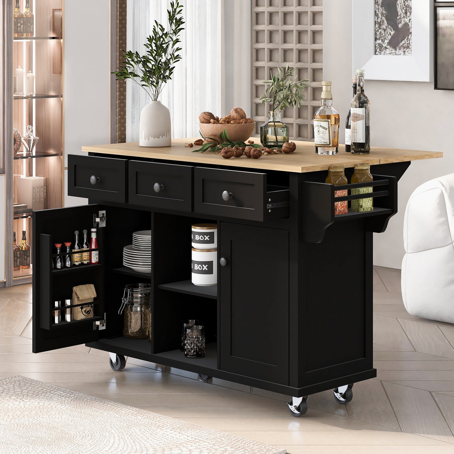 Versatile Black Kitchen Cart with Drop-Leaf Top and Storage Wheels