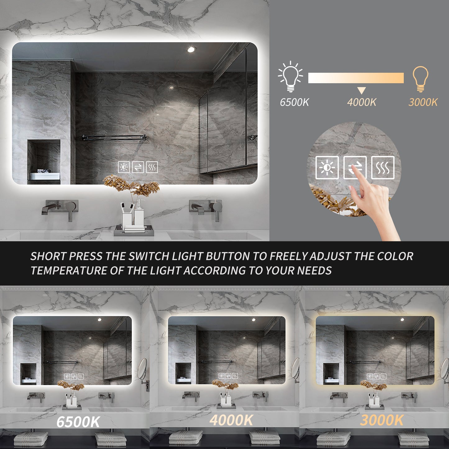 Glow & Go Bathroom Mirror: Dual LED Light, Anti-Fog Magic, Dimmable Delight!