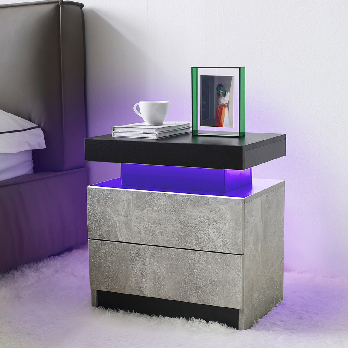 Sleek Gray LED Nightstand with Drawers