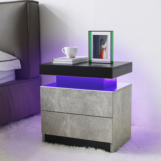 Sleek Gray LED Nightstand with Drawers