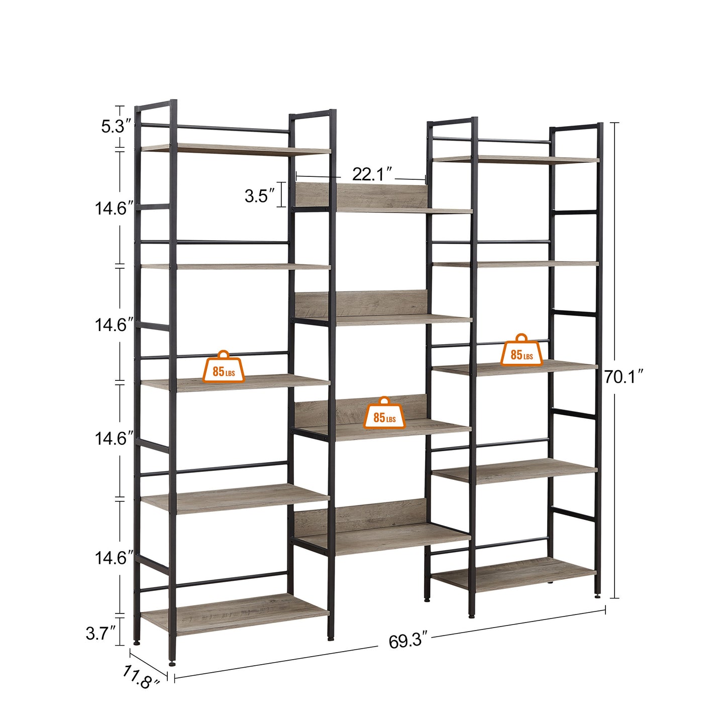 Industrial Triple Wide Wooden Bookshelf - Grey Retro Charm for Home & Office