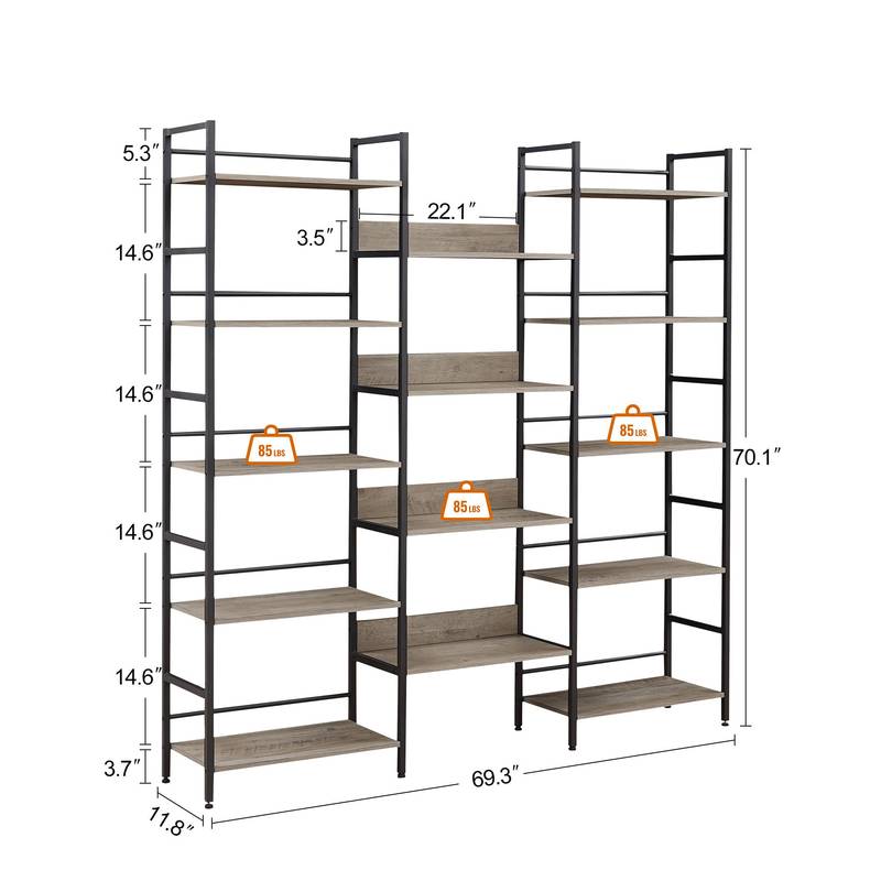 Industrial Triple Wide Wooden Bookshelf - Grey Retro Charm for Home & Office