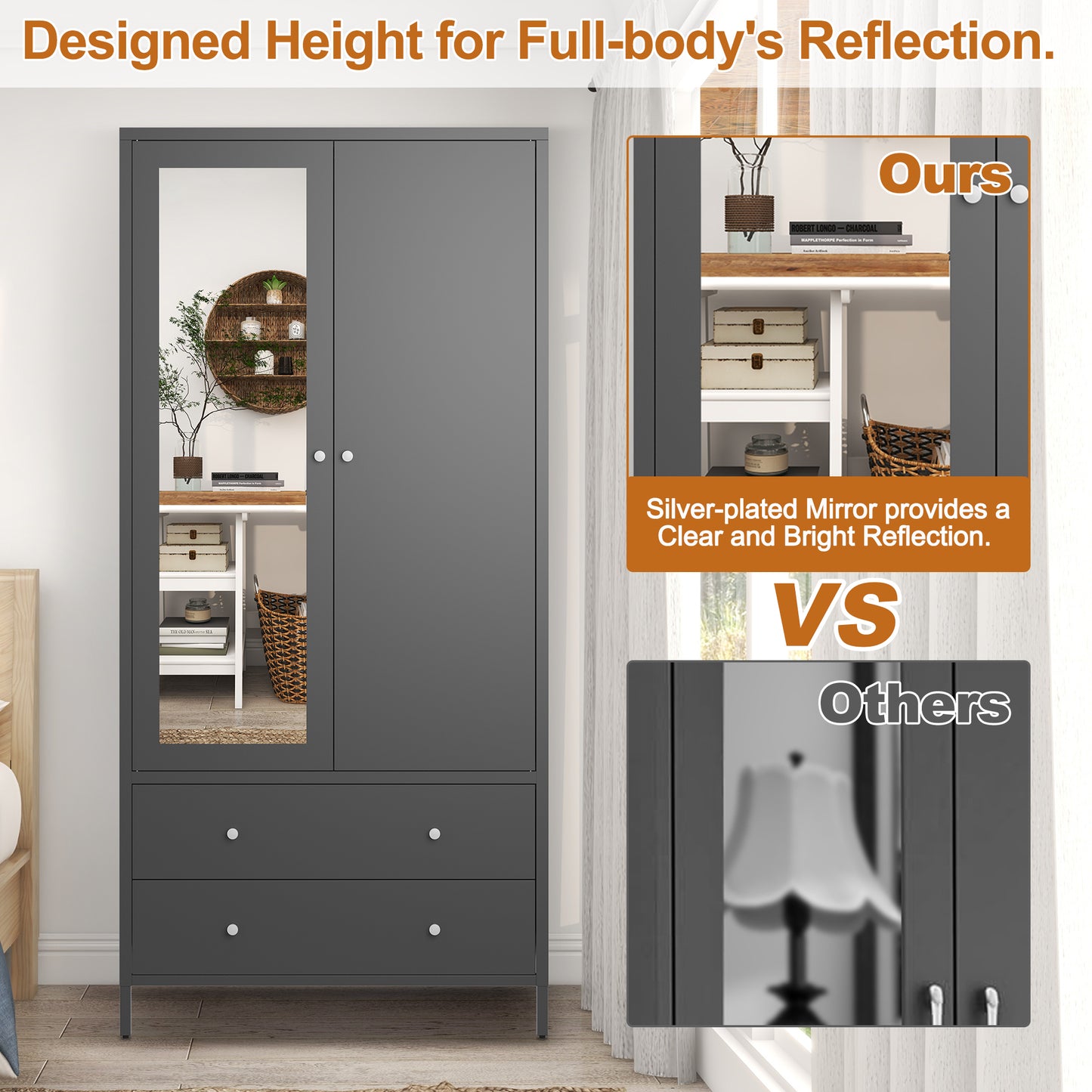 Sleek Metal Wardrobe with Mirror & Drawers