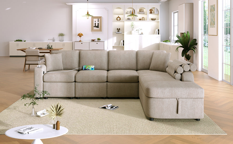 Cozy L-Shaped Sofa with Storage, Cup Holders, and USB Ports - Beige