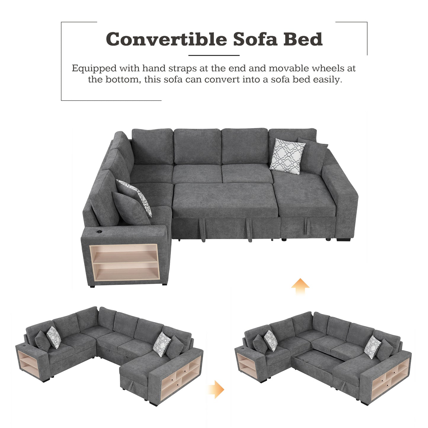 Cozy U-Shaped Sofa Bed with USB Ports & Storage Chaise