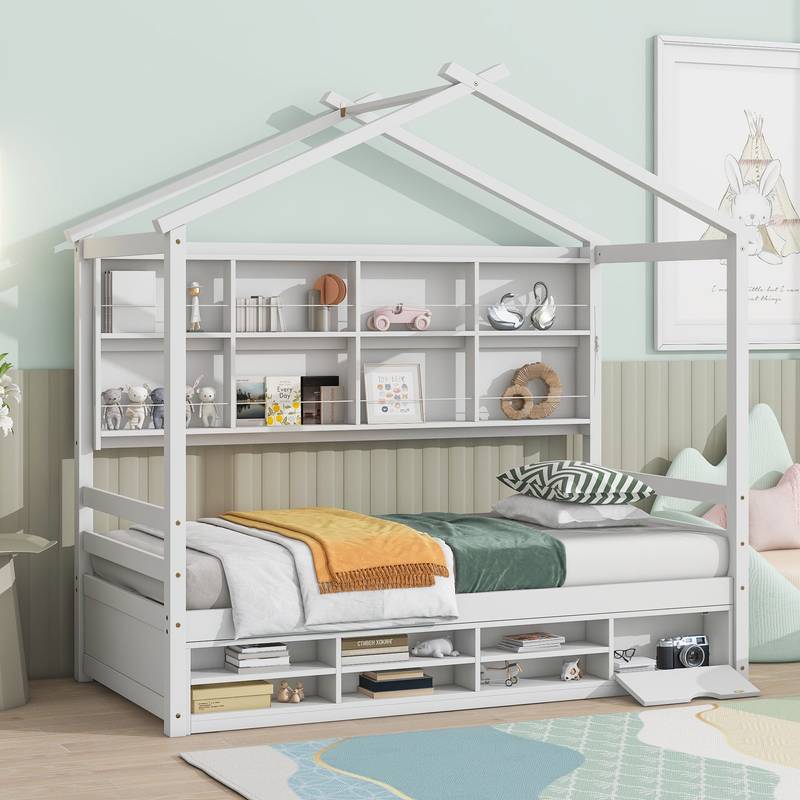 Cozy Twin House Bed with Roof & Storage
