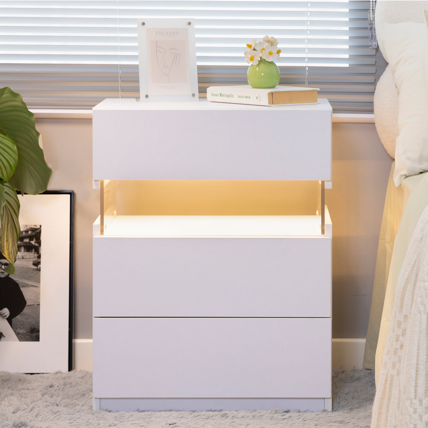 Glow Nightstand with Drawers – Modern LED Bedside Table in White