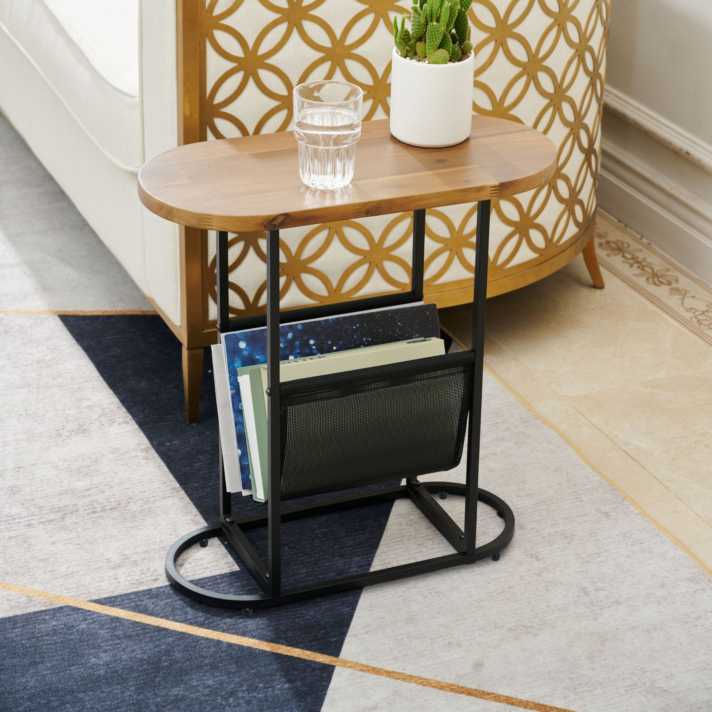 Chic Acacia Oval Side Table with Magazine Organizer