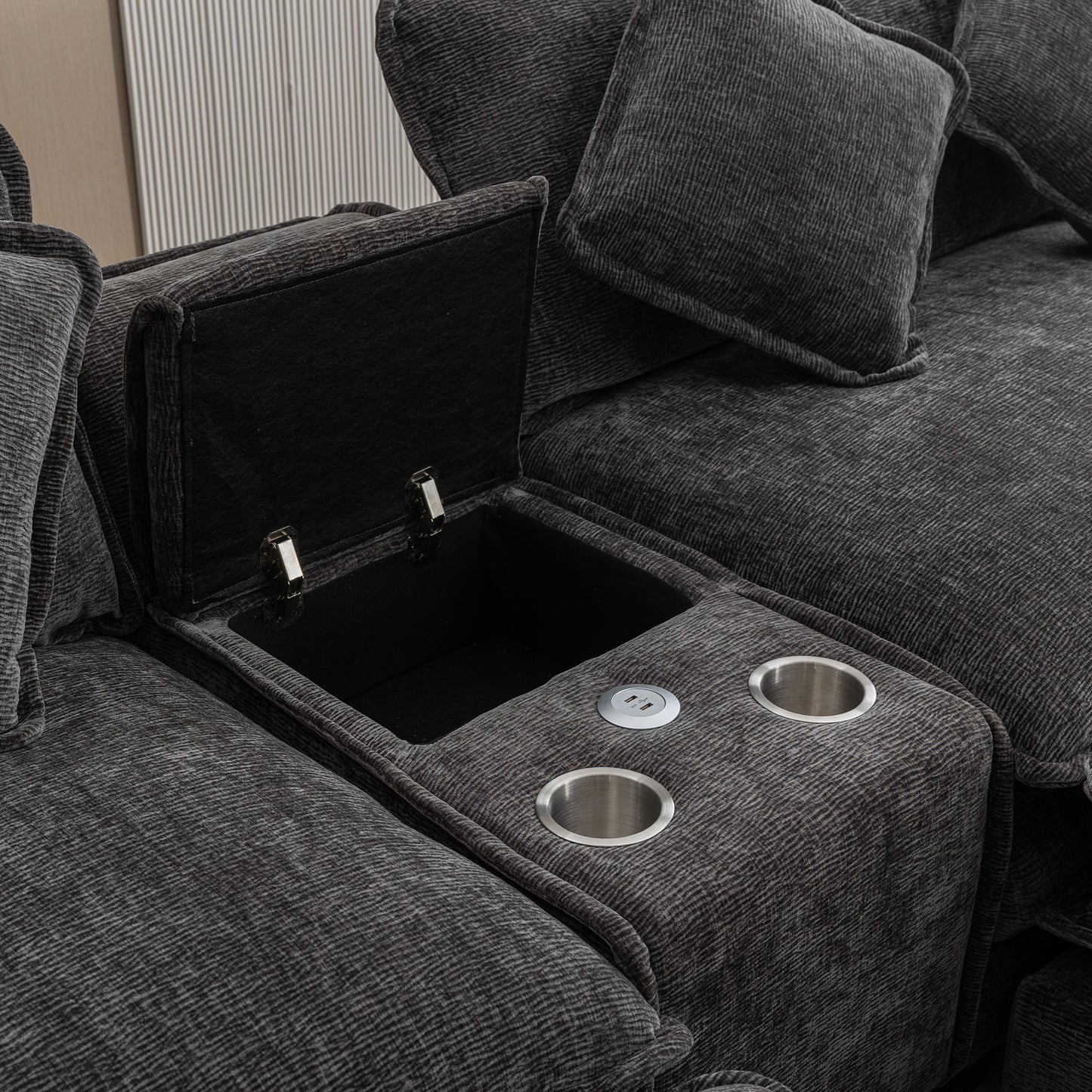 Cozy Black Chenille Sectional Sofa with Ottomans and USB Ports