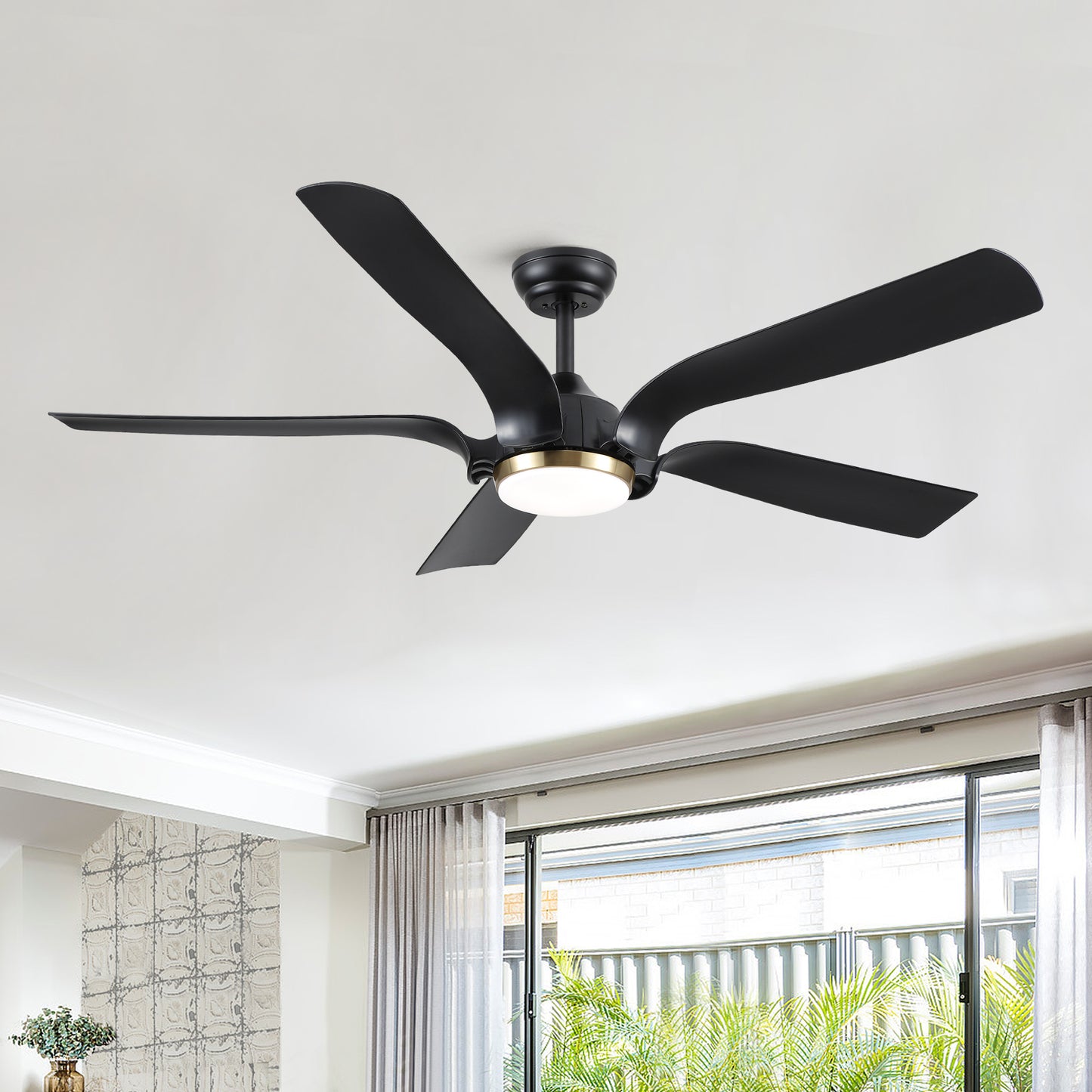 Smart Ceiling Fan with Sleek Matte Black Finish and Antique Brown Blades