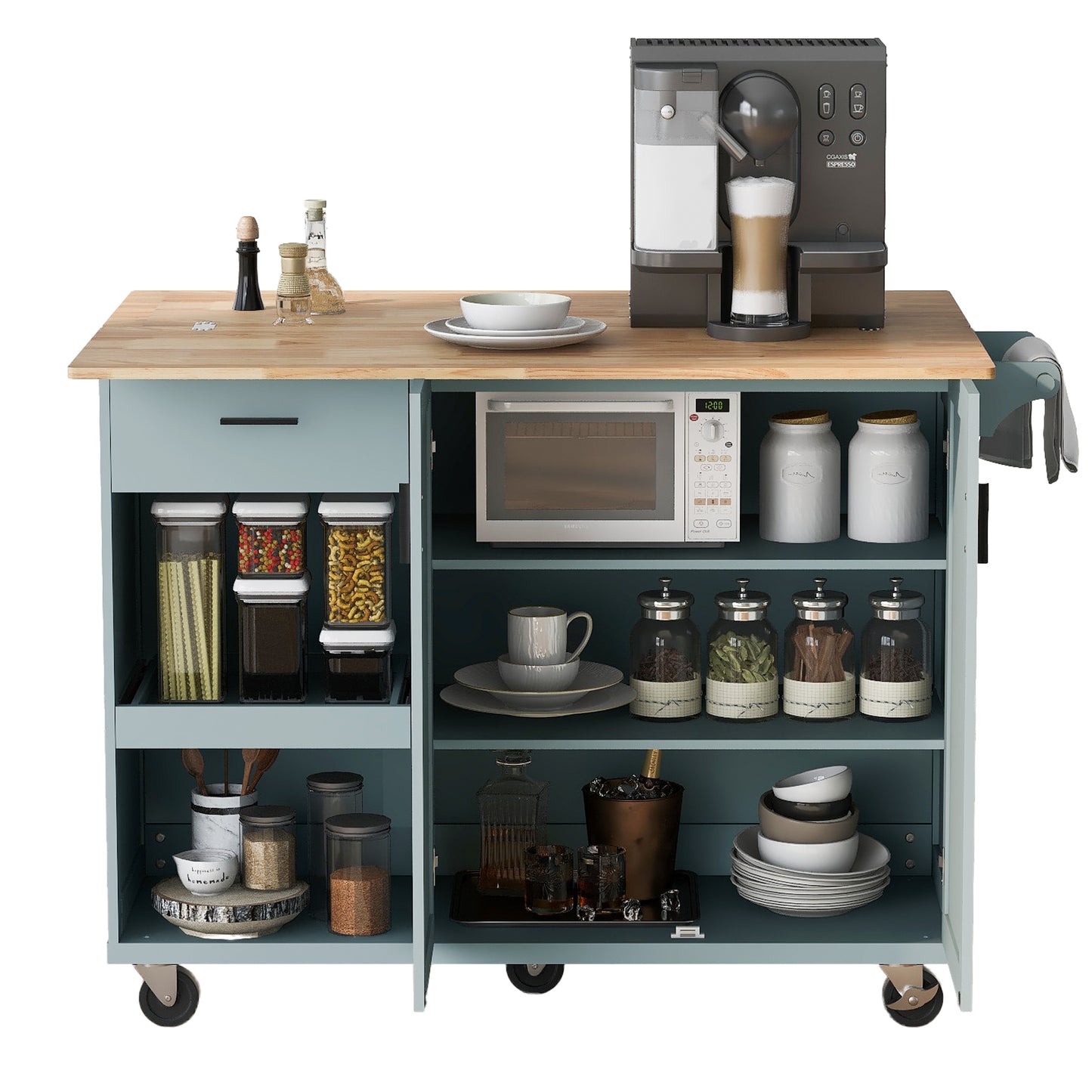 Rolling Kitchen Island with Foldable Top and Storage