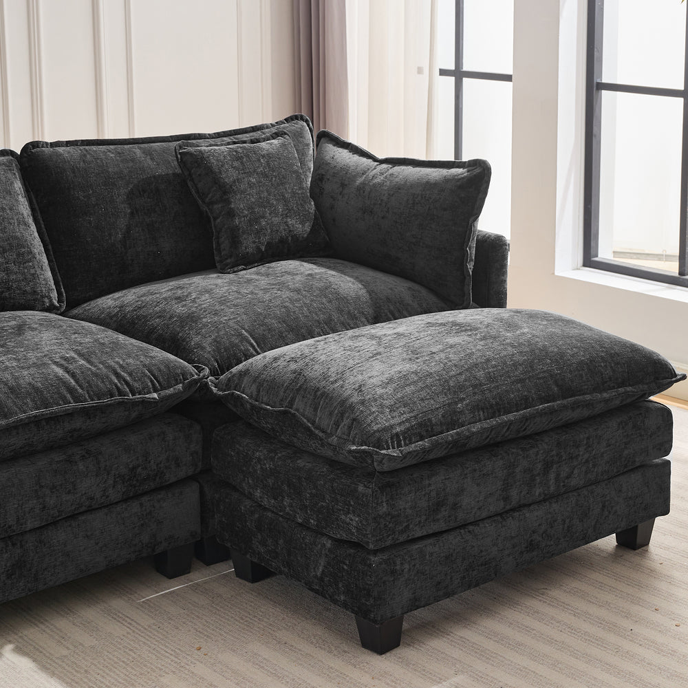 Chic L-Shape Chenille Sofa with Ottoman & Pillows