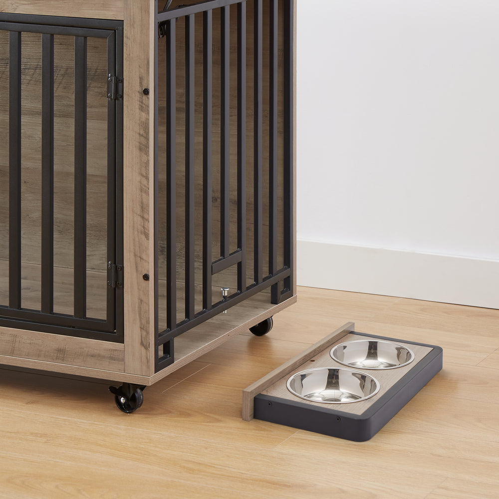 Chic Dog Crate Table with Feeding Bowl & Wheels