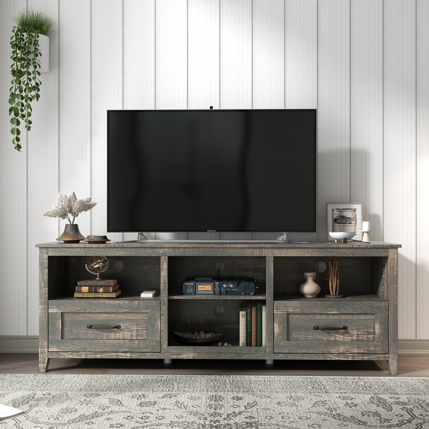 Stylish Black Pine TV Stand with Spacious Storage