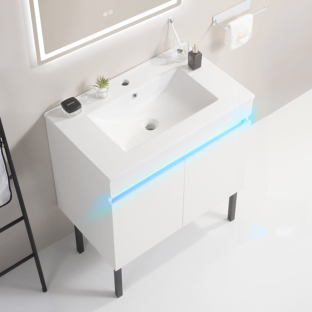 Sleek White Wall-Mounted Vanity with Sensor Light & Ample Storage