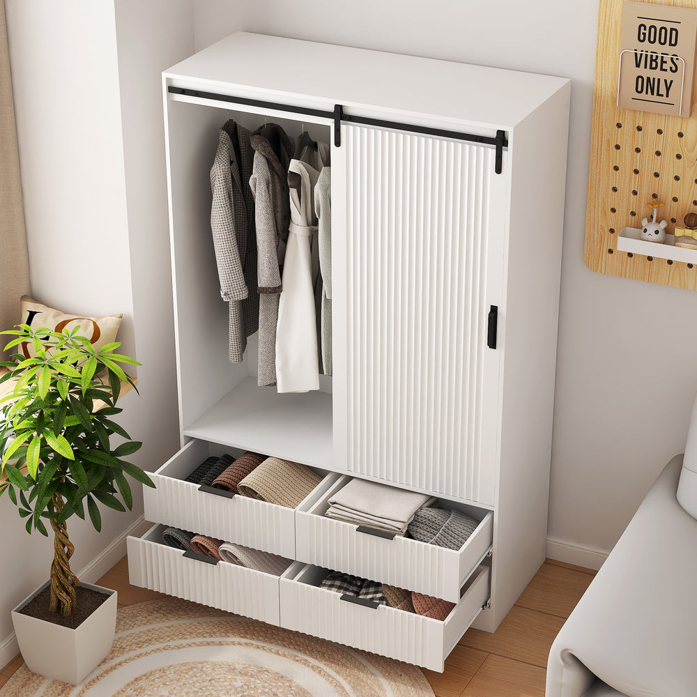 Chic White Wardrobe with Barn Door and Open Storage