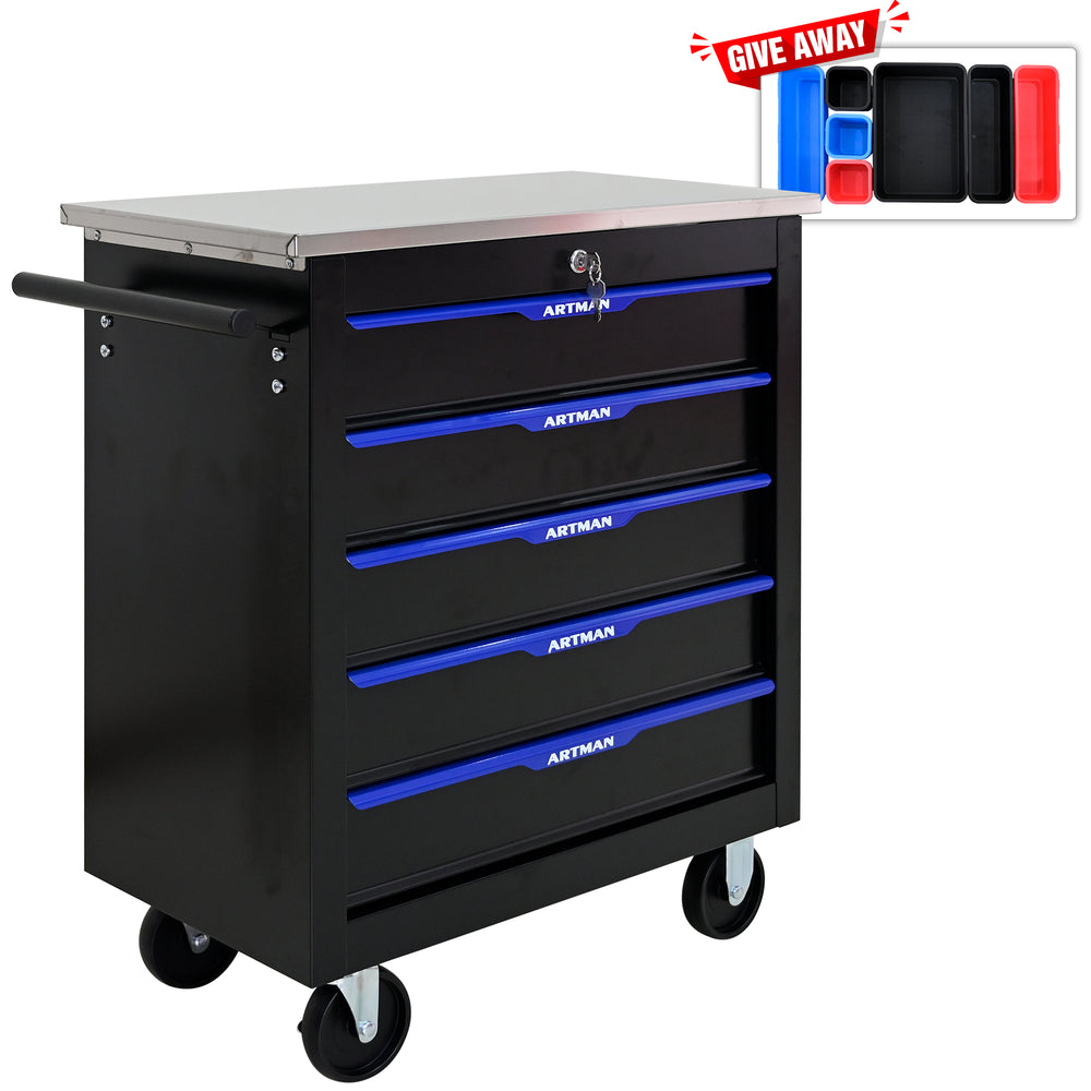 Rolling Tool Cart with 5 Drawers - Black & Blue