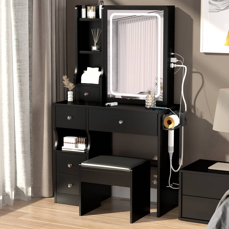 Chic Space-Saver Vanity Set with LED Mirror & Power Hub