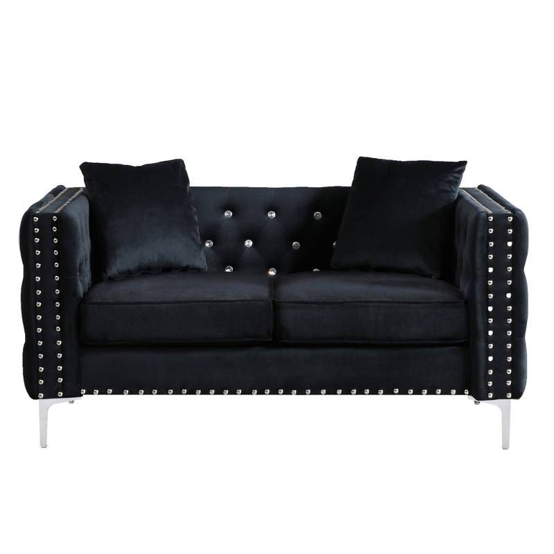 Luxurious Black Velvet Jewel Button Sofa with Pillows