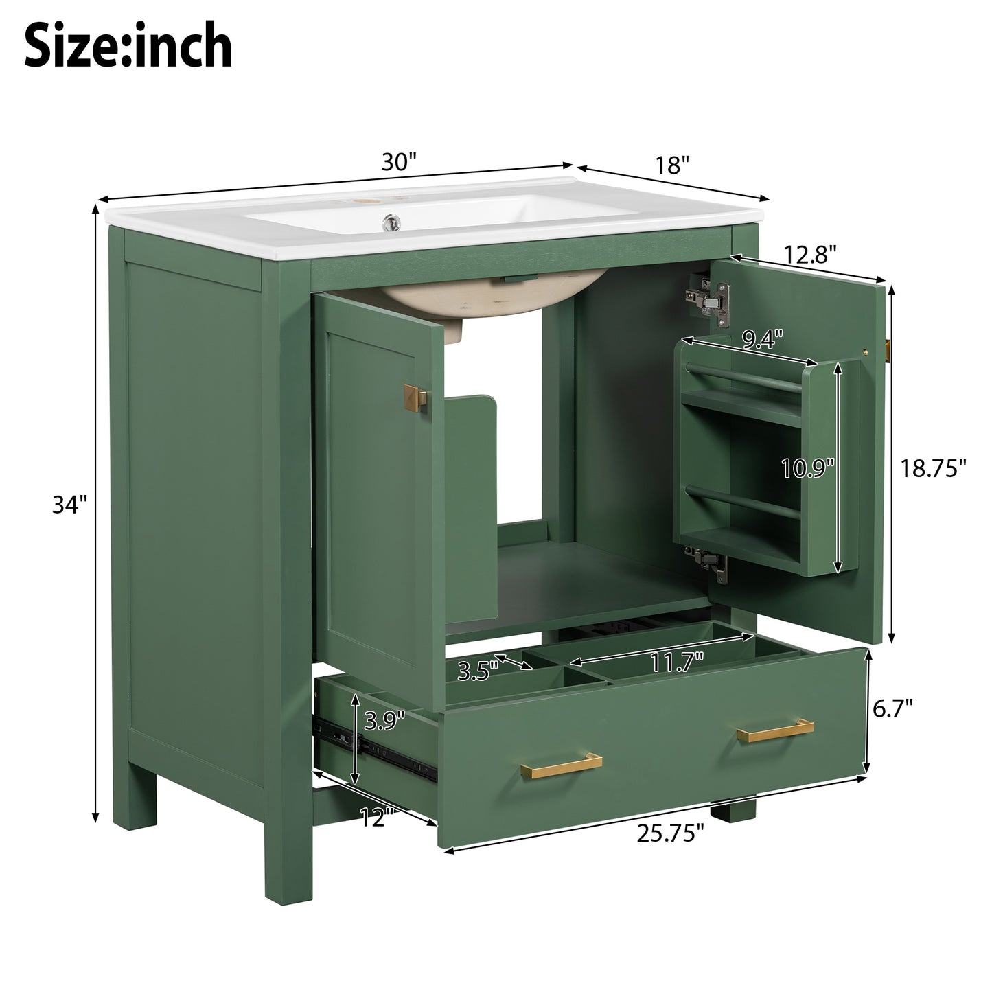 Chic Green Bathroom Vanity with Soft-Close Cabinet and Drawer