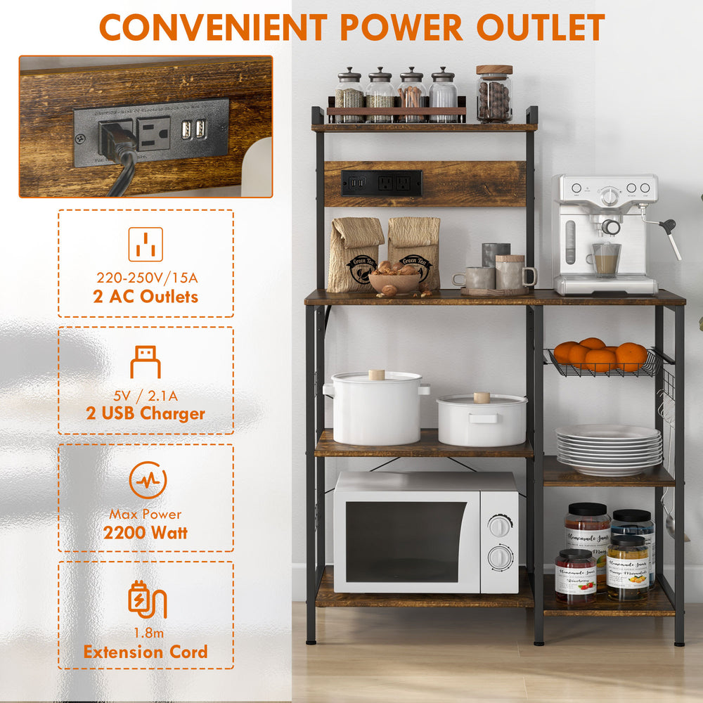 Chic Kitchen Helper: Rustic Bakers Rack with Power Outlet & USB Charger