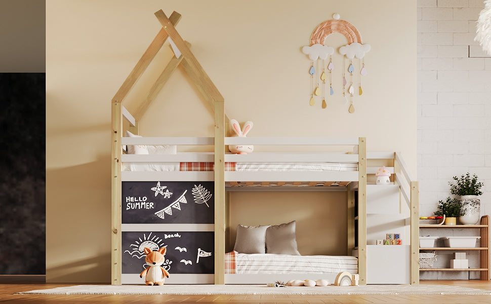 Cozy Twin House Bunk Bed with Storage Steps & 2 Fun Blackboards