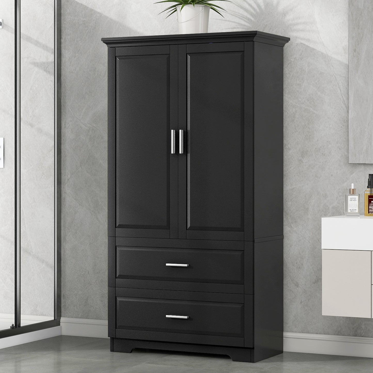 Sleek Black Bathroom Storage Cabinet with Adjustable Shelves